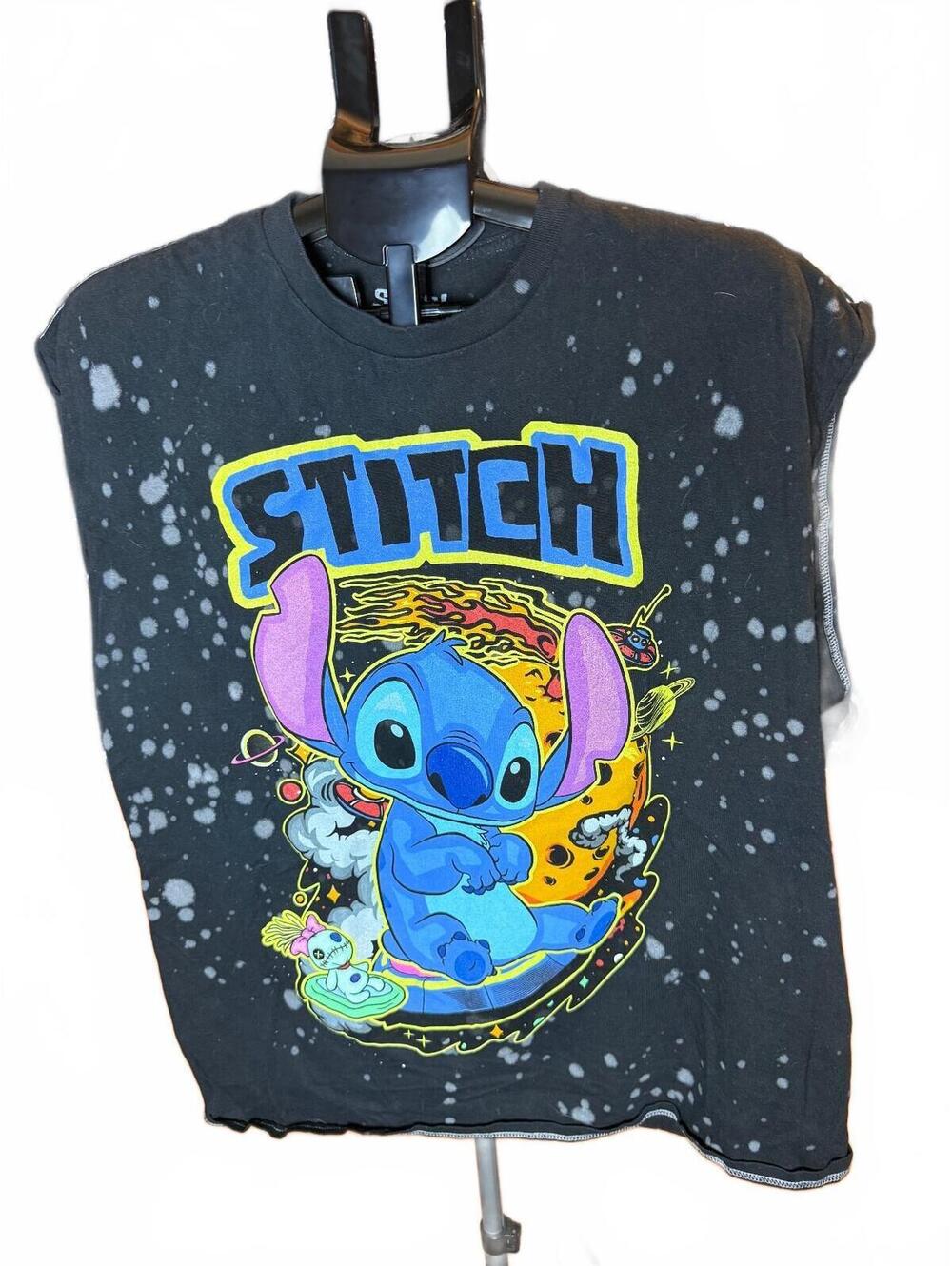 Disney Stitch Graphic Sleeveless T-Shirt with Bleach Splatter Effect sz XL